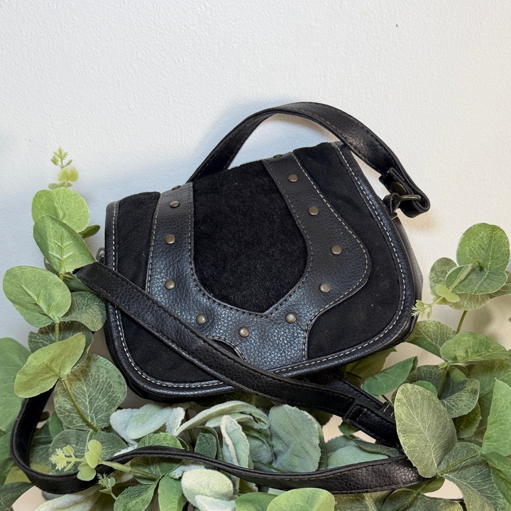 Western Boho Black Faux Suede Studded Crossbody Saddle Bag